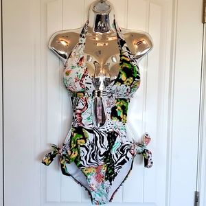 One piece swimsuit, monokini with cutout. Multicolored, size M